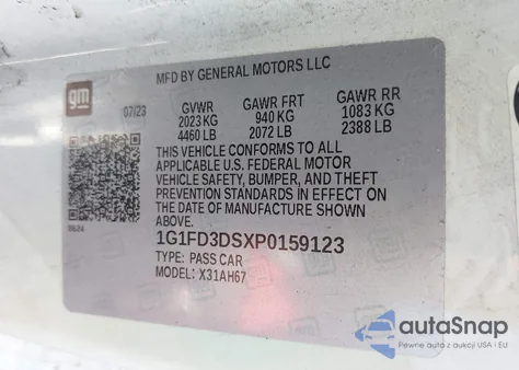 2023 Chevrolet Camaro Rwd 2Lt z USA, uszkodzony, nr VIN 1G1FD3DSXP0159123